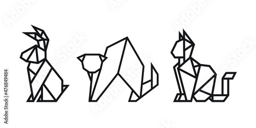 origami style illustration of rabbit and cats. abstract geometric outline drawing for icon, logo, element, etc. uncolored vector element design.