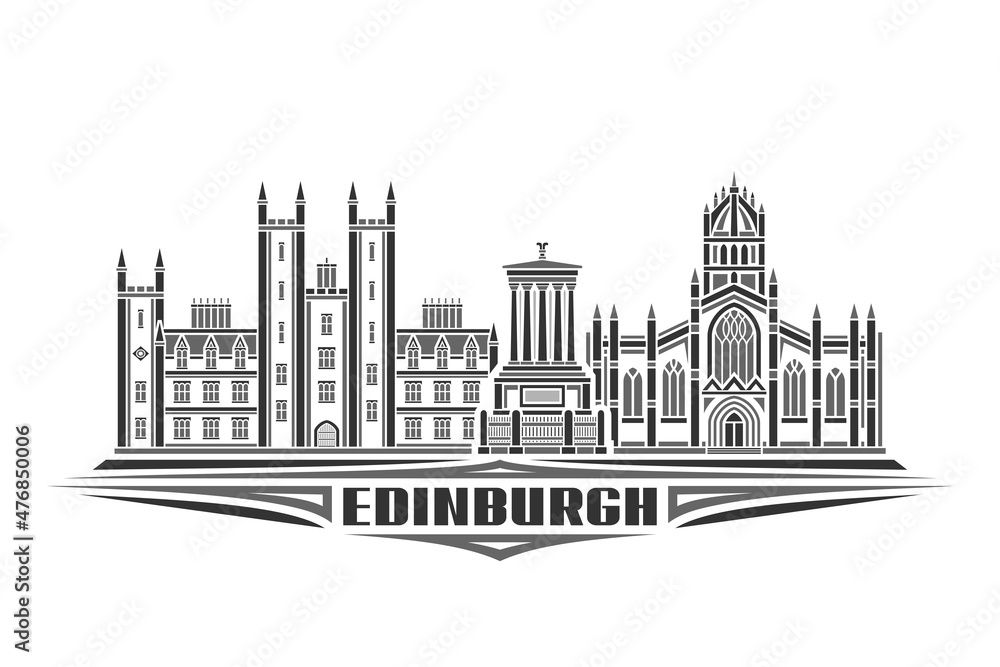 Vector illustration of Edinburgh, monochrome horizontal poster with linear design edinburgh city scape, urban line art concept with decorative lettering for black word edinburgh on white background