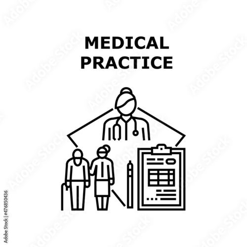Medical practice doctor. Health hospital. Physician nurse. Private insurance. Medicare report vector concept black illustration