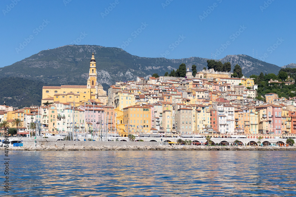 Menton. General view of the city center from the sea.
