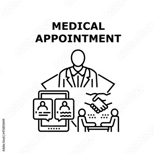 Medical appointment doctor. Online health. Hospital patient. Medicine virtual clinic. Treatment people. Therapy vector concept black illustration