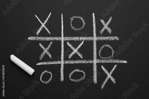 Konstfotografi Tic tac toe game and piece of chalk on blackboard, top view