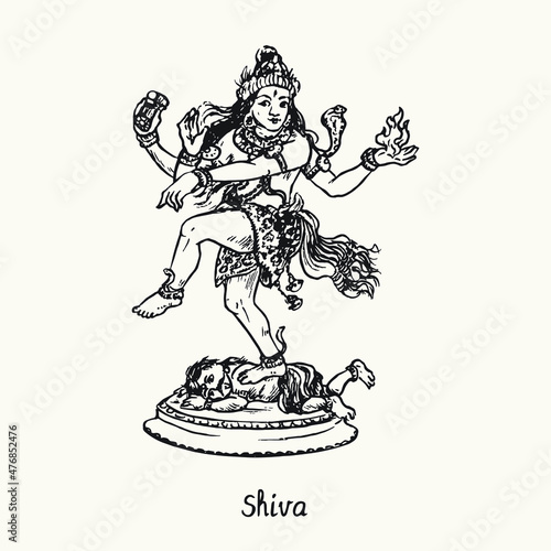 Shiva, the Lord of the Dance. Ink black and white doodle drawing in woodcut style with inscription.