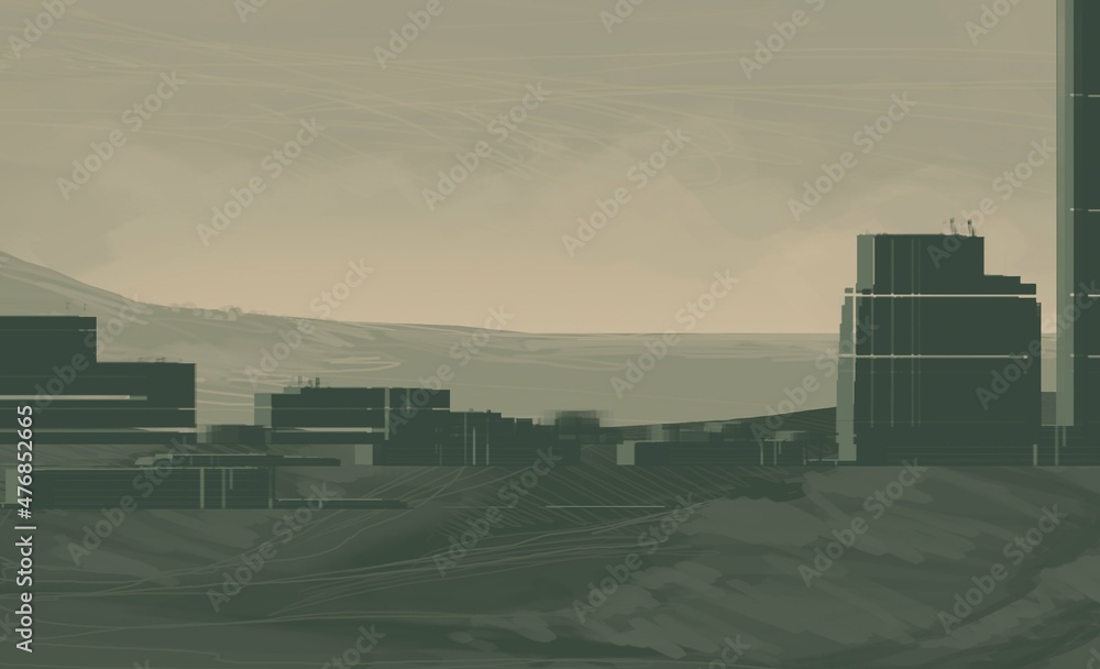Empty rural landscape illustration. Alien city. Space art. Abandoned huge structures.