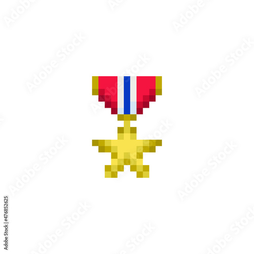 Military gold medal star icon with red, blue ribbon pixel art icon. Army award. Flat style. Cartoon style. Military symbol for web and mobile. Flat style. 8-bit. Isolated vector illustration.