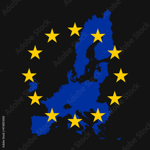 High quality map of Europe with flag on black background