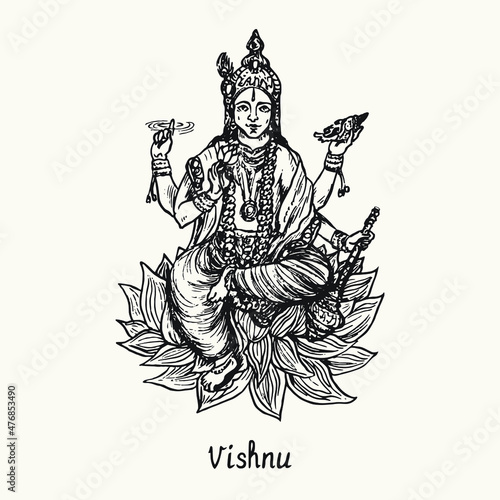 Vishnu sitting on lotus. Ink black and white doodle drawing in woodcut style with inscription.