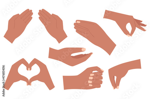 A set with empty human hands. The hand holds, gives, depicts a heart gesture, holds with two fingers, a pinch gesture. Cartoon dark-skinned hands. Vector illustration isolated on a white background.