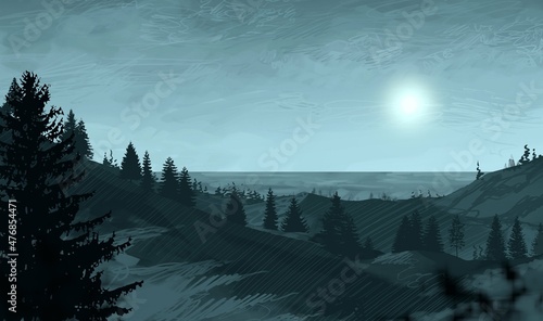 Empty rural landscape illustration. Alien world space art.