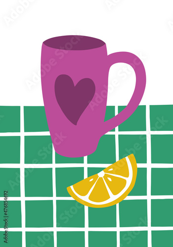 Cute and cozy poster with coffee or tea mug and lemon on a checkered background. Vector flat hand drawn illustration in cartoon style for wall decor, postcards or other