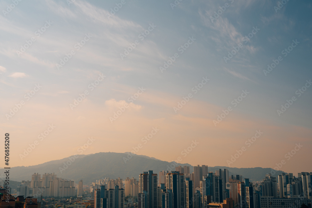 Panoramic view of Daejeon city with sunset sky in Korea
