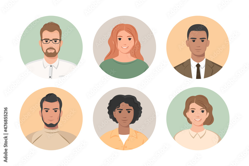 Set of diverse young people avatars in circles isolated on white background. Male and female characters faces for user account and profile. Vector illustration Set of diverse young people avatars in circles isolated on white background. Male and female characters faces for user account and profile. Vector illustration