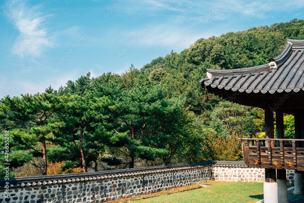 Obraz premium Korean traditional pavilion and green forest at Uam Historic Park in Daejeon, Korea