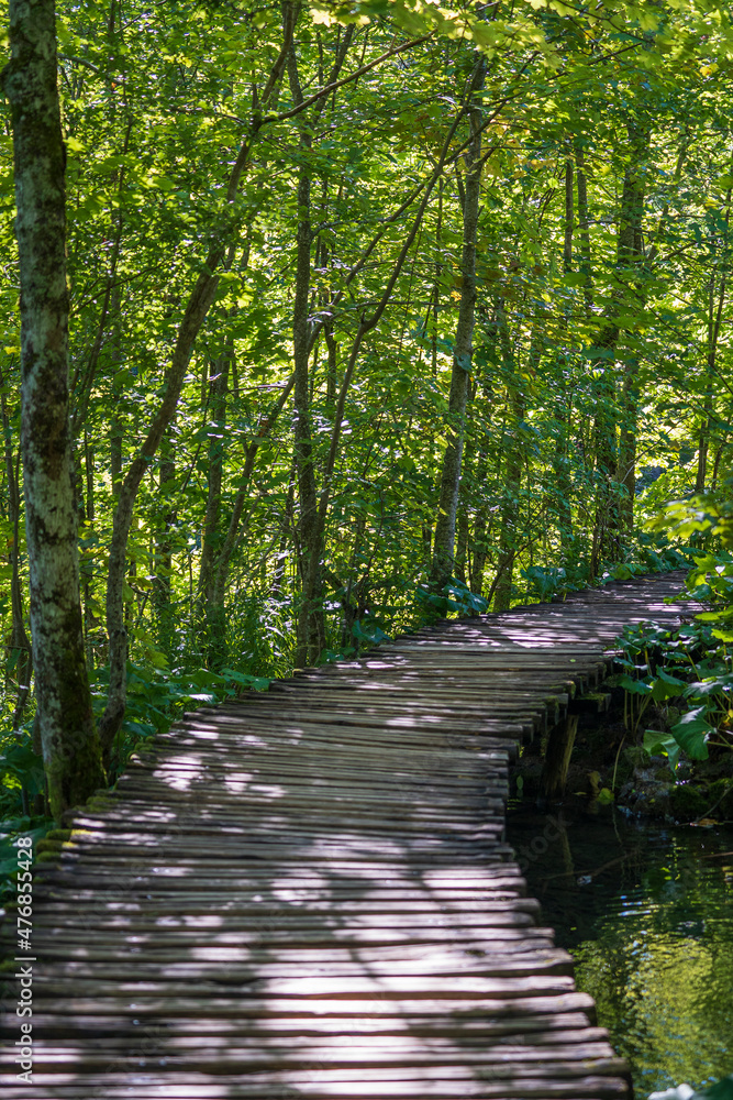 Wooden path with handrails along the Plitvice lakes and mountain forest in National Park. Croatia, Europe Wooden path with handrails along the Plitvice lakes and mountain forest in National Park. Croatia, Europe
