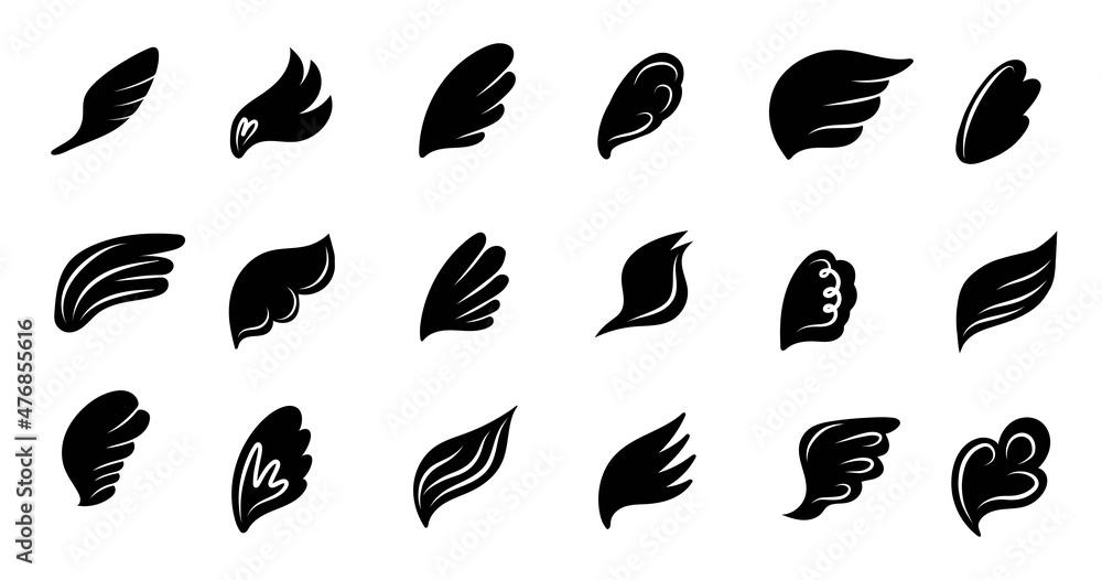 Wings. Hand drawn bird and angel silhouette elements. Angelic emblem, black pencil drawing, icon collection, sketch style feather, vector isolated set