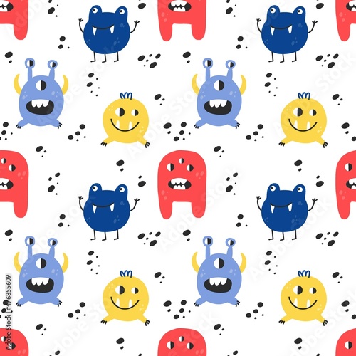 Cute monsters seamless pattern. Funny colorful creatures, little mutants or aliens, spooky fantasy characters, childish collection. Decor textile, wrapping paper wallpaper, vector print or fabric