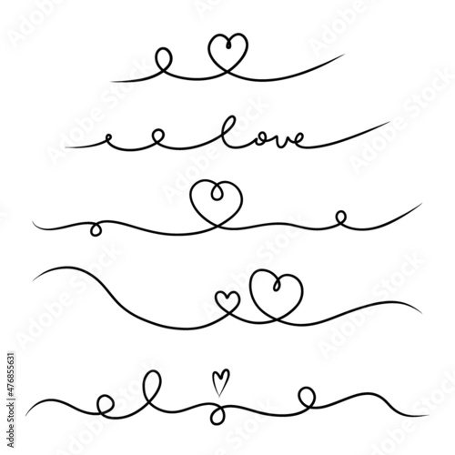 Heart divider set. Hand drawn swirl line borders, hearts and love letters, romantic valentines or wedding decoration, simple style decor vector isolated collection