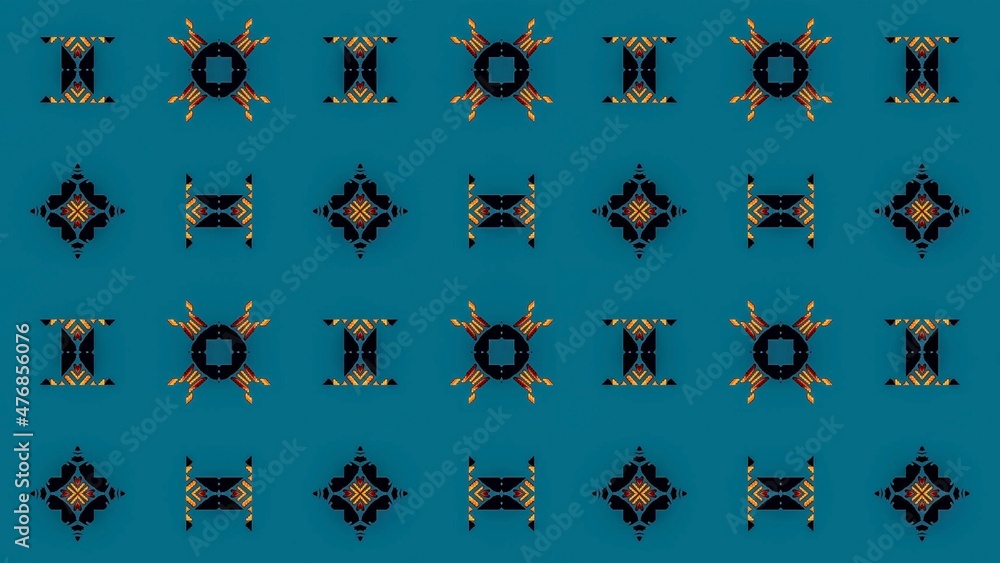 Fototapeta premium Abstract seamless pattern with decorative golden orange and black elements on blue background 