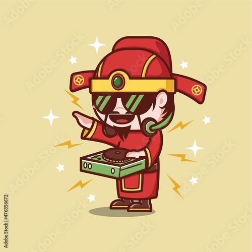 cute cartoon god caishen in chinese new year, become a dj. vector illustration for mascot logo or sticker