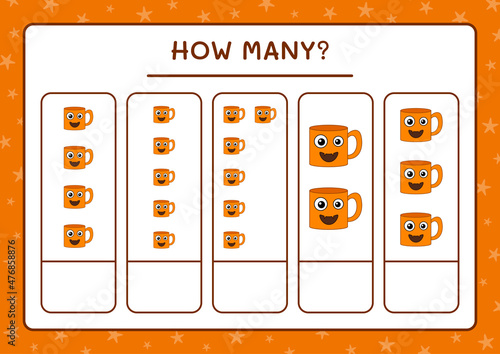 How many Mug, game for children. Vector illustration, printable worksheet