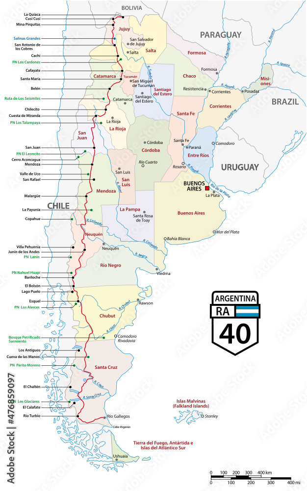 route of the argentinian national road 40 with sights 