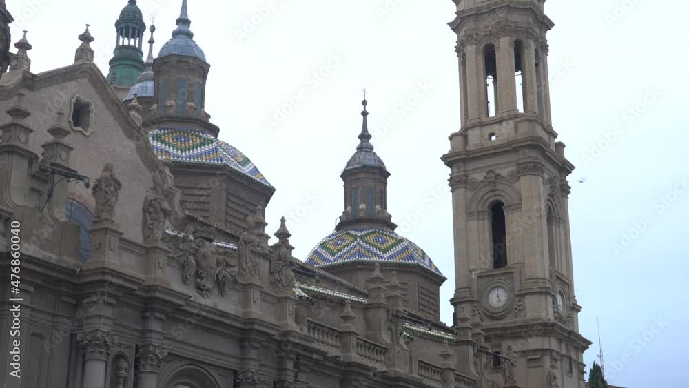 Side panning of the towers of the Basilica of Nuestra Señora del Pilar in the city of Zaragoza, next to the Ebro river in Aragon. Spain, 4k video Side panning of the towers of the Basilica of Nuestra Señora del Pilar in the city of Zaragoza, next to the Ebro river in Aragon. Spain, 4k video