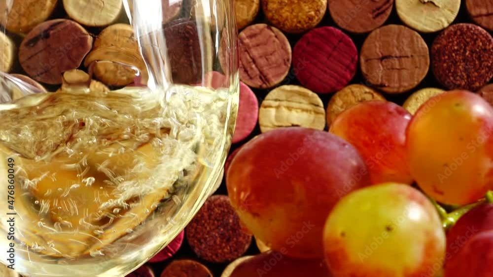 Pouring wine into a glass against the background of wine corks. Pouring wine into a glass against the background of wine corks.