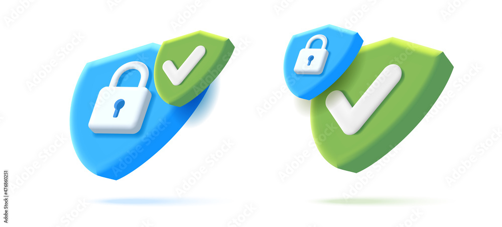 Set of digital security icons with 3d shield shape with padlock, two isometric 3d render illustrations Set of digital security icons with 3d shield shape with padlock, two isometric 3d render illustrations