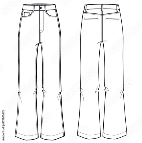 women high rise boot cut cropped jeans front and back view template fashion flat sketch vector illustration
