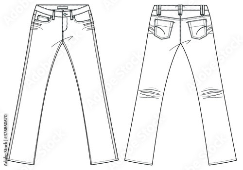 full length boot cut jeans with five pocket front and back view template fashion flat sketch vector illustration