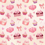Watercolor seamless pattern with gift boxes, cupcake, bows and hearts on pink background. Valentine's Day concept.
