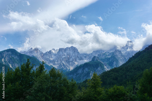 Mountain landscape with forest and clouds in Julian Alps, Triglav National Park, Slovenia