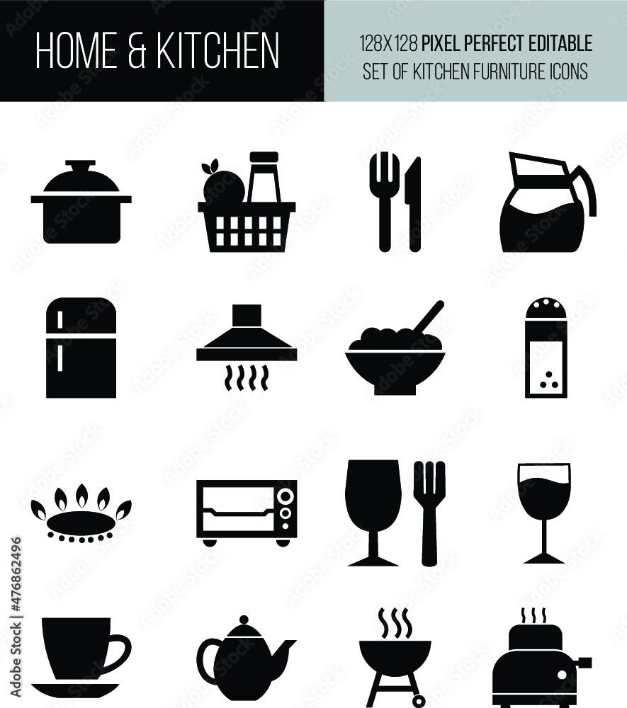 HOME & KITCHEN 128X128 PIXEL PERFECT EDITABLE SET OF KITCHEN FURNITURE ICONS HOME & KITCHEN 128X128 PIXEL PERFECT EDITABLE SET OF KITCHEN FURNITURE ICONS
