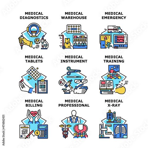 Medical healthcare set icons. Medical professional. x-ray mri machine. billing money. emergency hospital. instrument equipment. diagnostics, tablets. Concept color illustration