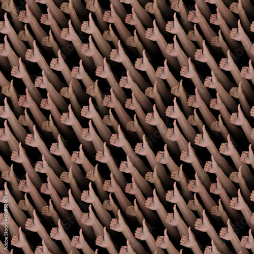 Seamless pattern of hands with thumbs up gesture on black. Based on 3d renders.