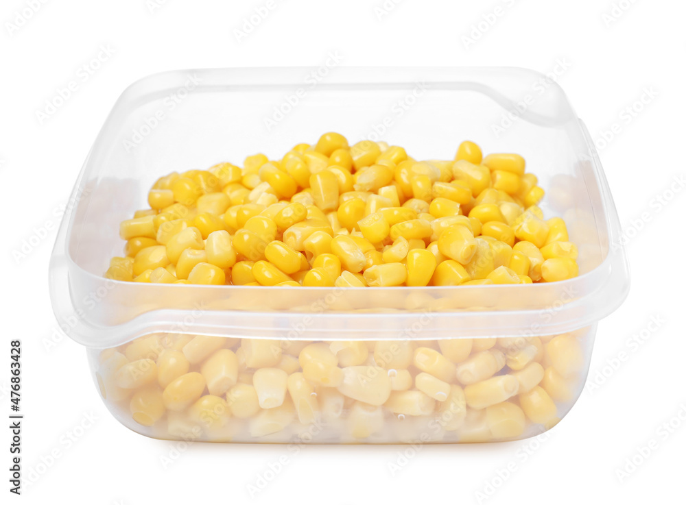 Fresh corn kernels in plastic container isolated on white Fresh corn kernels in plastic container isolated on white