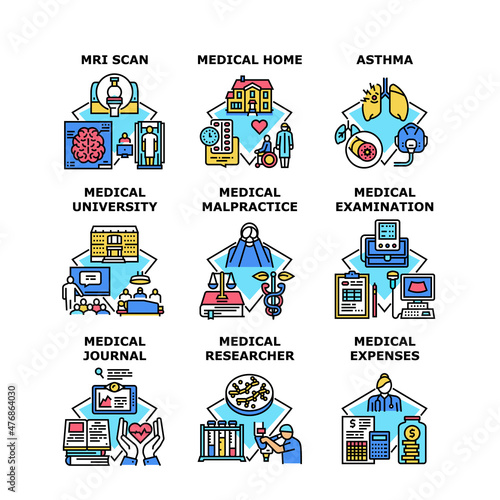 Medical diesase treatment. Astma, mri scan. university doctor. expenses health cost. malpractice negligence. researcher laboratory science. examination medical vector concept color illustration