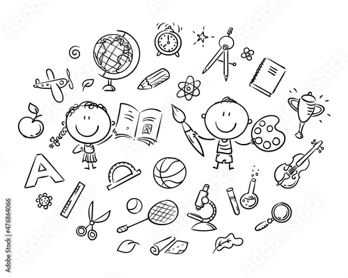 Cartoon kids with various objects for creativity, hobby or learning