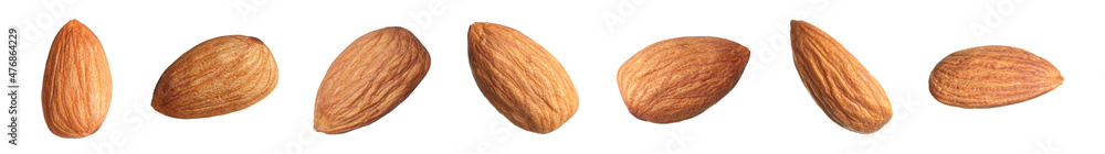 Set with tasty almonds on white background. Banner design Set with tasty almonds on white background. Banner design