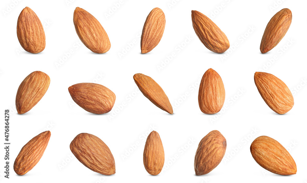 Set with tasty almonds on white background Set with tasty almonds on white background