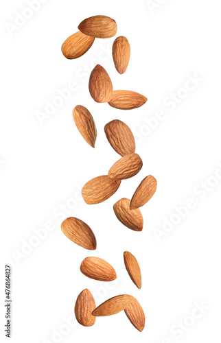 Many tasty almonds falling on white background