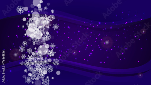 Xmas theme sales with ultra violet snowflakes. New Year backdrop. Snow border for gift coupons, vouchers, ads, party events. Christmas trendy background. Holiday frosty banner for xmas theme