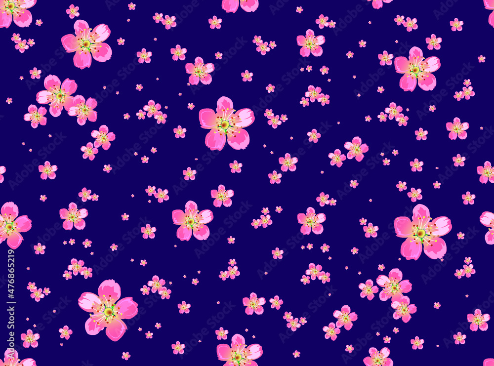 Bright seamless pattern from stylized delicate of small pink sakura flowers on a dark violet background. Vector drawing for design of textile, fabrics, wallpaper, web sites and other. Bright seamless pattern from stylized delicate of small pink sakura flowers on a dark violet background. Vector drawing for design of textile, fabrics, wallpaper, web sites and other.