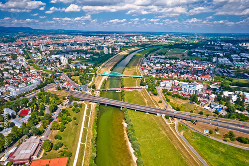 Zagreb. Aerial view of Sava river and city of Zagreb panorama