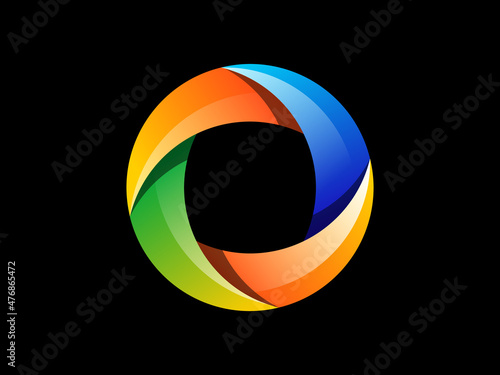 Colorful abstract circle logo on black background. Multicolored overlapping transparent circular shape. Infinite loop symbol. Four pieces logo design element. Vector illustration, flat, clip art. 