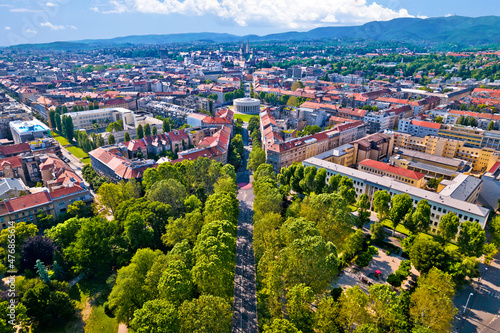 Zagreb aerial. Green park and Mestrovic pavillion in city of Zagreb aerial view photo