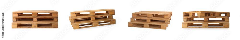 Set with stacked wooden pallets on white background. Banner design