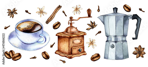 Set of watercolor painting coffee in a white cup with foam, coffee grinder, coffee maker. Black coffee or cappuccino. Hot drink for breakfast. Refreshing drink. Isolated over white background.