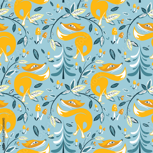 Fox on the background of trees, mushroom and branches with leaves seamless pattern. Perfect for kids apparel,fabric, textile, nursery decoration,wrapping paper