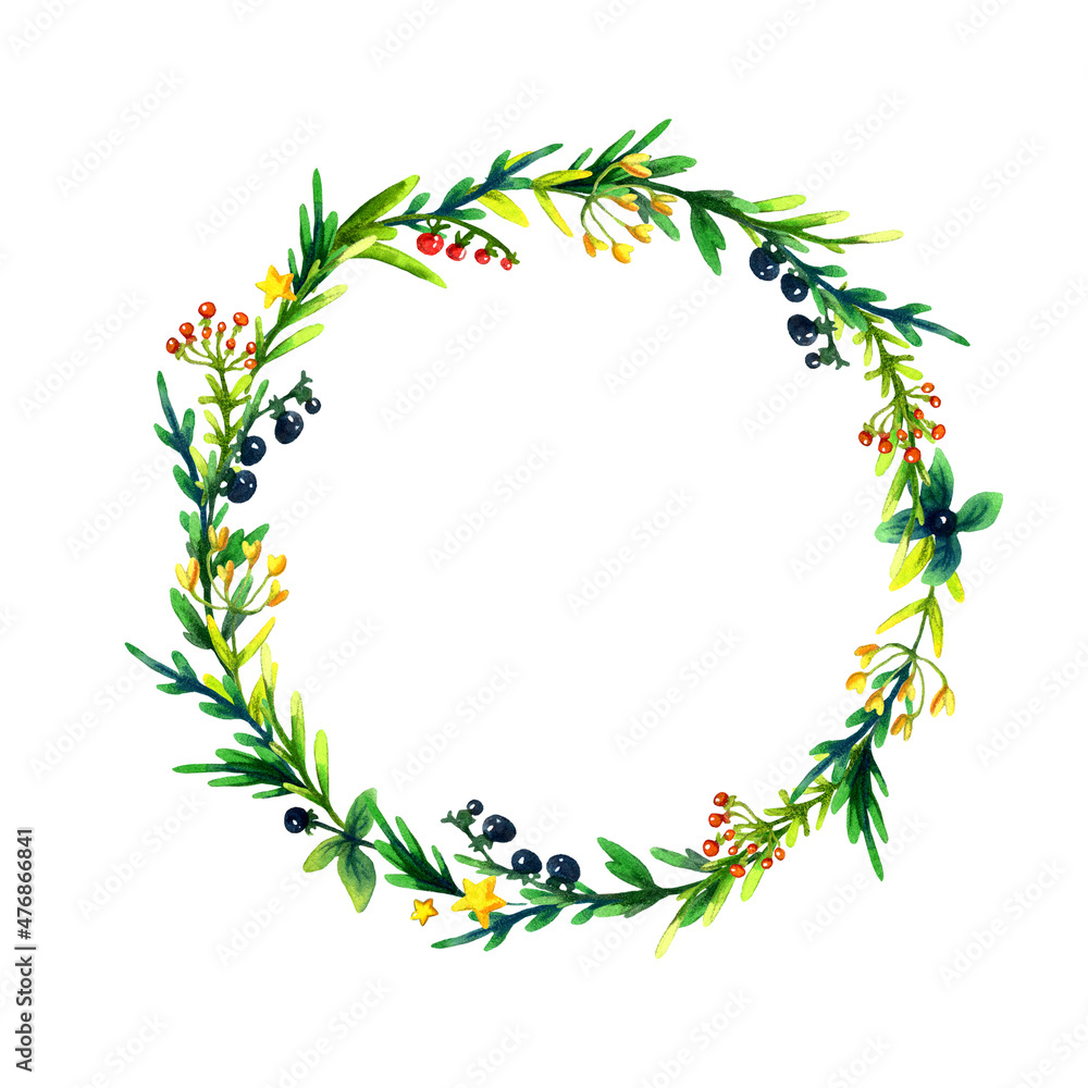 watercolor wreath of flowers, meadow herbs and berries isolated on white background.